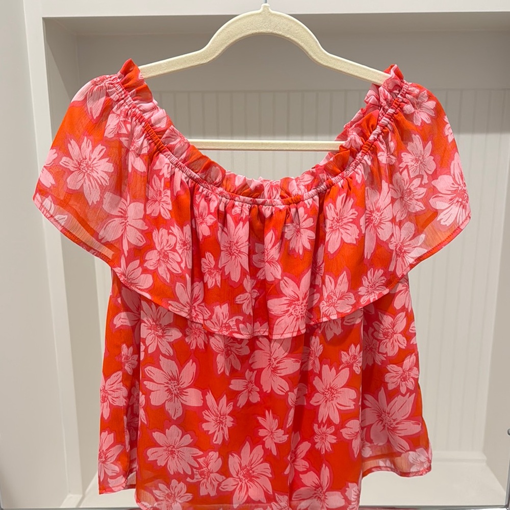 fab’rik Floral Off-Shoulder Top - Orange-Red and Pink